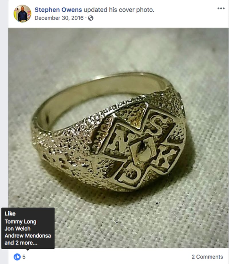 Stephen Owens' Facebook account posted a photo of a gold ring inscribed with the initials of the United Northern and Southern Knights and the blood drop cross symbol of the KKK in December 2016, which officer Tommy Long's Facebook Page liked, HuffPost reported. (Photo: HuffPost)