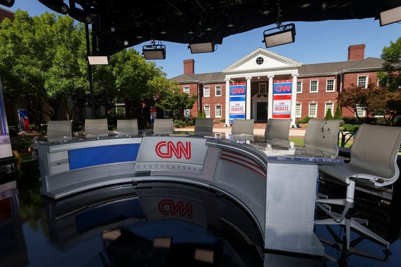 The CNN Presidential Debate "game day" stage is shown at the CNN-Techwood campus, Wednesday, June 26, 2024, in Atlanta ahead of the first Presidential Debate between former President Donald Trump and President Joe Biden the following day. (Jason Getz/The Atlanta Journal-Constitution/TNS)