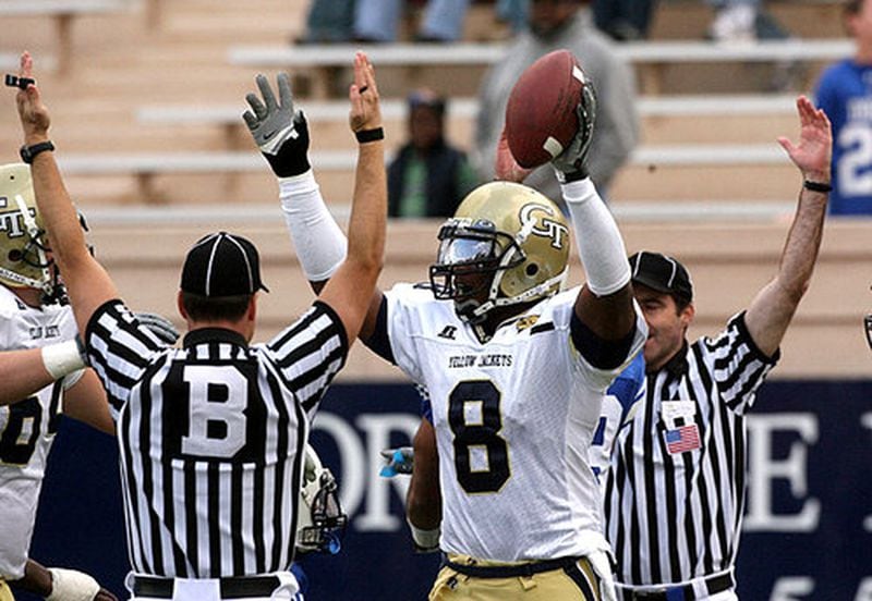 Georgia Tech wide receiver Demaryius Thomas (8) celebrates after recovering a fumble for a touchdown.