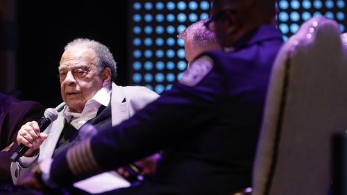 Andrew Young speaks during a panel discussion with faith and civic leaders during the "Grits and Grace" event at Grace Baptist Church in Stockbridge.