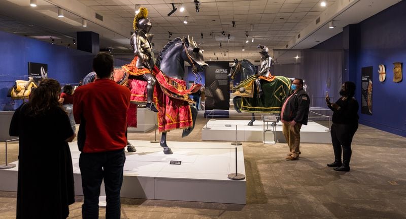"Knights in Armor" a traveling exhibit of European armor from the 1500s is on display at Fernbank Museum and is now open to the public on Friday, Feb 11, 2022.  The full armor extended to the horse protection, they have two suits on horses in the exhibit.   (Jenni Girtman for The Atlanta Journal-Constitution)