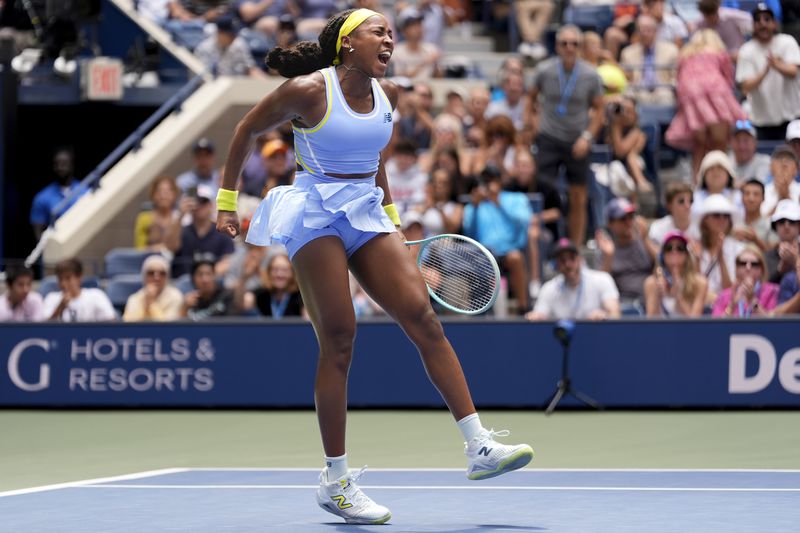 Coco Gauff, of the United States, reacts after defeating Elina Svitolina, of Ukraine, during the third round of the U.S. Open tennis championships, Friday, Aug. 30, 2024, in New York. (AP Photo/Seth Wenig)