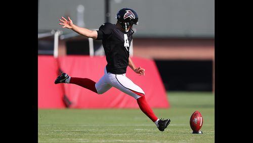 Falcons kicker Giorgio Tavecchio boots a kickoff during team practice Monday, July 29, 2019, in Flowery Branch.