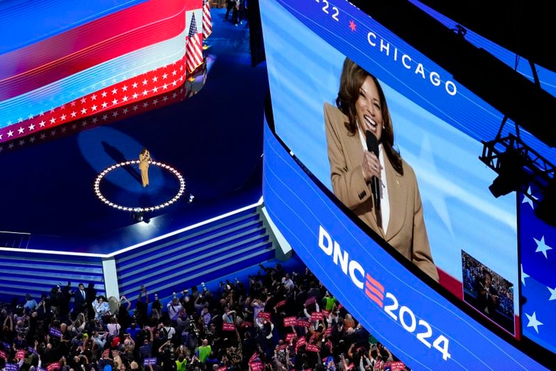 Democratic presidential nominee Vice President Kamala Harris speaks during the Democratic National Convention Monday, Aug. 19, 2024, in Chicago. (AP Photo/Morry Gash)