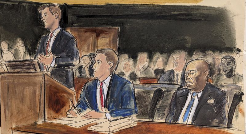 Assistant US Attorney Hagen Scotten speaks in Manhattan federal court, as attorney Alex Spiro, center, and New York City Mayor Eric Adams, right, look on Wednesday, Oct. 2, 2024, in New York. (Elizabeth Williams via AP)