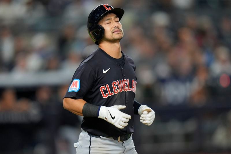 Cleveland Guardians' Steven Kwan reacts after he lined out during the fifth inning of a baseball game against the New York Yankees at Yankee Stadium Tuesday, Aug. 20, 2024, in New York. (AP Photo/Seth Wenig)