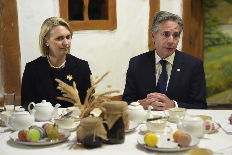 U.S. Secretary of State Antony Blinken and U.S. Ambassador to Ukraine Bridget Brink attend an event to promote civil society engagement in Kyiv, Ukraine, Wednesday, Sept. 11, 2024. (AP Photo/Mark Schiefelbein, Pool)