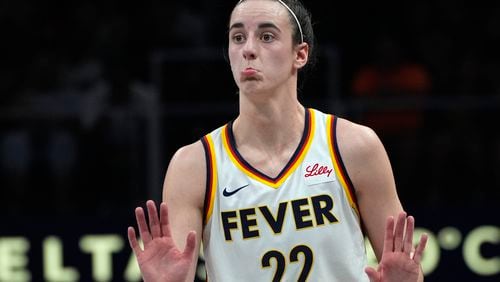 WLDIndiana Fever guard Caitlin Clark reacts during the first half of a WNBA basketball game against the Atlanta Dream Friday, June 21, 2024, in Atlanta. (AP Photo/John Bazemore)