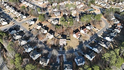 Aerial view of Winslow at Eagles Landing neighborhood, where large number of homes are owned by investors, Thursday, Jan. 26, 2023, in McDonough. (Hyosub Shin / Hyosub.Shin@ajc.com)