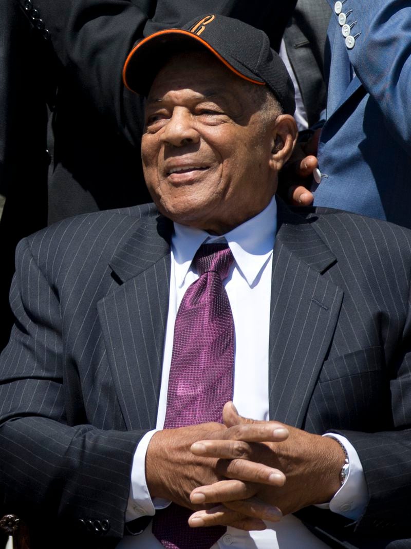 FILE - Willie Mays, who spent the majority of his career as a center fielder with the New York and San Francisco Giants, smiles as President Barack Obama honors the 2012 World Series Champion San Francisco Giants baseball team, July 29, 2013, in Washington. Mays, the electrifying “Say Hey Kid” whose singular combination of talent, drive and exuberance made him one of baseball’s greatest and most beloved players, has died. He was 93. Mays' family and the San Francisco Giants jointly announced Tuesday night, June 18, 2024, he had “passed away peacefully” Tuesday afternoon surrounded by loved ones. (AP Photo/Carolyn Kaster, File)