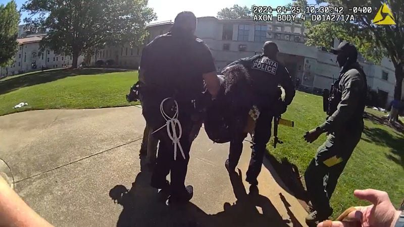 Body camera footage shows officers carrying a demonstrator on Emory University's campus last month after police were called in to break up a pro-Palestinian protest.