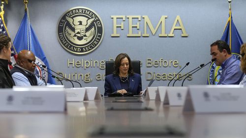 Democratic presidential nominee Vice President Kamala Harris attends a briefing at FEMA headquarters, Monday, Sept. 30, 2024, in Washington, on recovery and assistance efforts after Hurricane Helene. (AP Photo/Jacquelyn Martin)