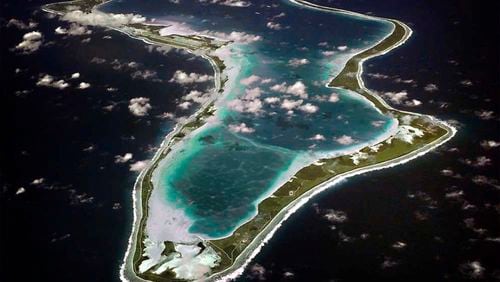 This image realeased by the U.S. Navy shows an aerial view of Diego Garcia. (U.S. Navy via AP)