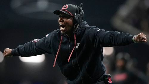 Atlanta Falcons head coach Raheem Morris speakls during the first half of an NFL football game against the Kansas City Chiefs, Sunday, Sept. 22, 2024, in Atlanta. (AP Photo/Brynn Anderson)