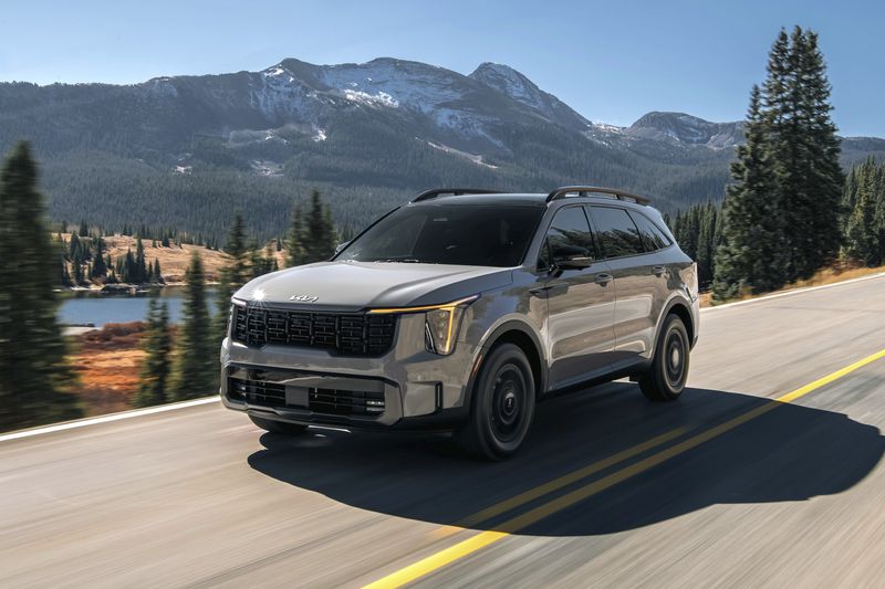 This photo provided by Kia shows the 2025 Sorento. It starts at a slightly lower price than the Hyundai Santa Fe, but they both offer excellent warranty coverage. (Courtesy of Kia America via AP)