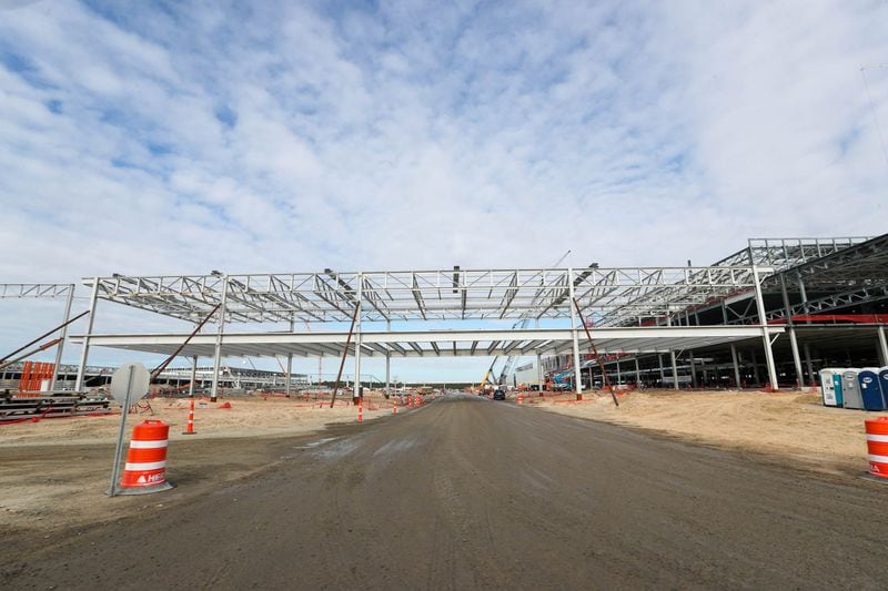 A bridge connects the wielding and paint shop Work is underway on the final assembly facility at the Hyundai Metaplant America in Ellabell, Georgia on Wednesday, October25, 2023.