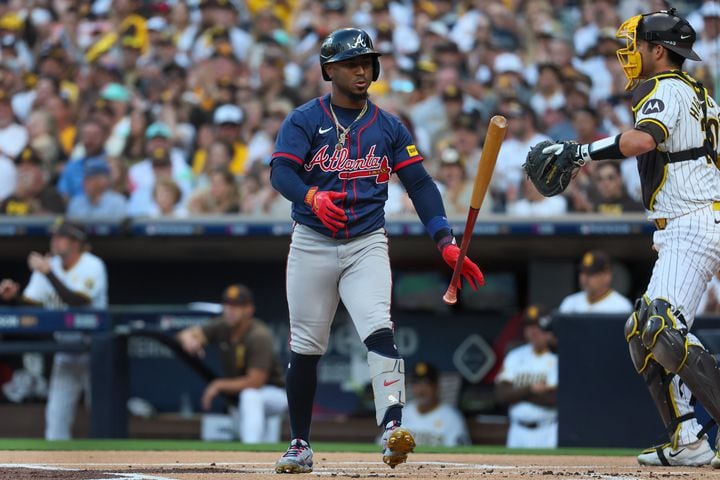 Atlanta Braves’ Ozzie Albies (1) reacts to a strikeout against the San Diego Padres during the first inning of the National League Division Series Wild Card Game One at Petco Park in San Diego on Tuesday, Oct. 1, 2024.   (Jason Getz / Jason.Getz@ajc.com)