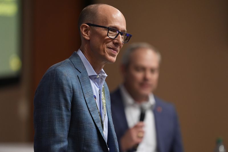 Southwest Airlines Andrew Watterson responds to questions during a news conference at the company's headquarters in Dallas, Thursday, Sept. 26, 2024. (AP Photo/Tony Gutierrez)