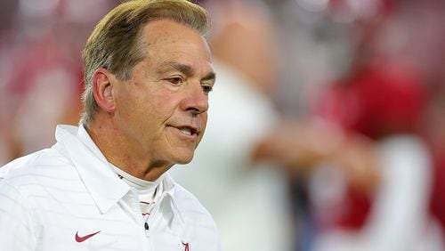 Alabama head coach Nick Saban looks on during pregame warmups prior to facing LSU at Bryant-Denny Stadium on Nov. 4, 2023, in Tuscaloosa, Alabama. (Kevin C. Cox/Getty Images/TNS)