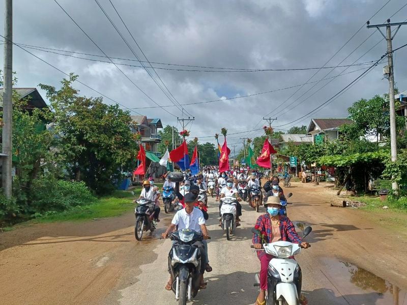 Demonstrators rally on motorcycles to mark the 79th birthday of the country’s ousted leader Aung San Suu Kyi in Launglon township in Tanintharyi region, Myanmar, Wednesday, June 19, 2024. (Democracy Movement Strike Committee-Dawei via AP)