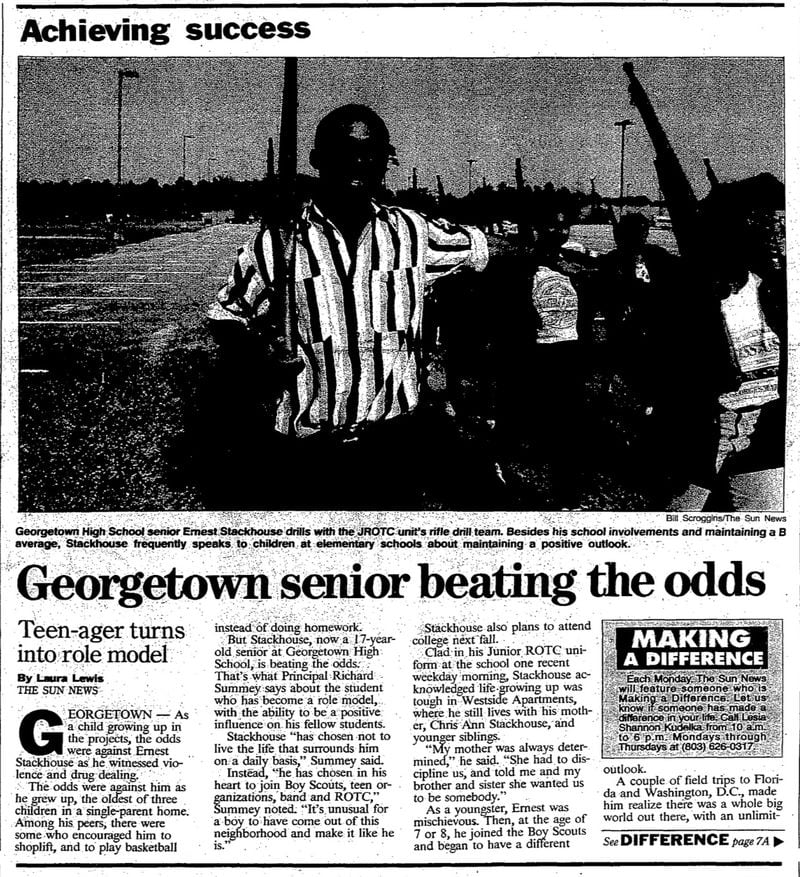 A front-page clipping from the front page of the Sun News in Myrtle Beach, S.C., where a young Ernest Stackhouse was featured as a standout high school student.