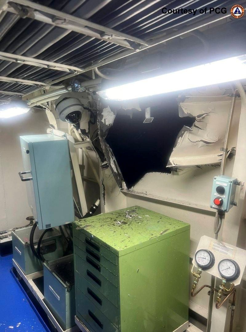 This photo provided by the Philippine Coast Guard, shows damage in the auxiliary room on the port side near the port auxiliary engine of Philippines coast guard vessel BRP Bagacay (MRRV-4410) after a collision with a Chinese coast guard ship Monday, Aug. 19, 2024 in the disputed South China Sea. (Philippine Coast Guard via AP)