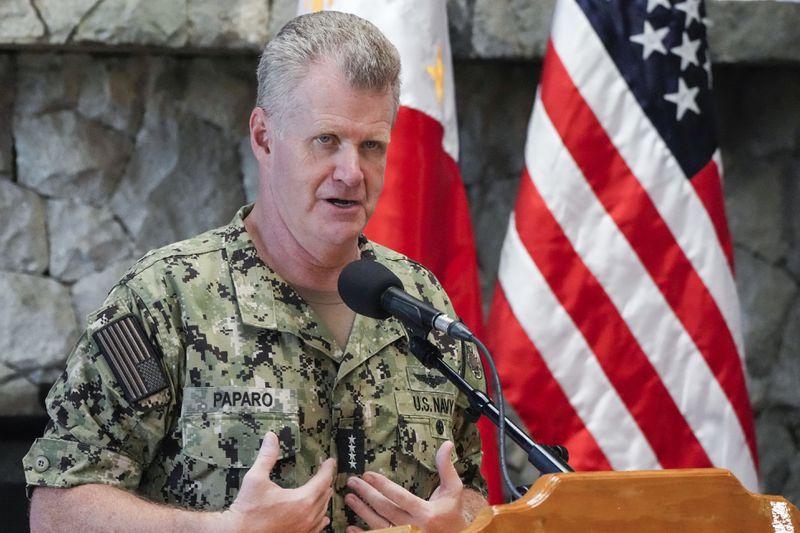 U.S. Indo-Pacific Command Commander, Admiral Samuel Paparo gestures during a press conference on the Mutual Defense Board-Security Engagement Board meeting held at the Philippine Military Academy in Baguio, northern Philippines on Thursday, Aug. 29, 2024. (AP Photo/Aaron Favila)