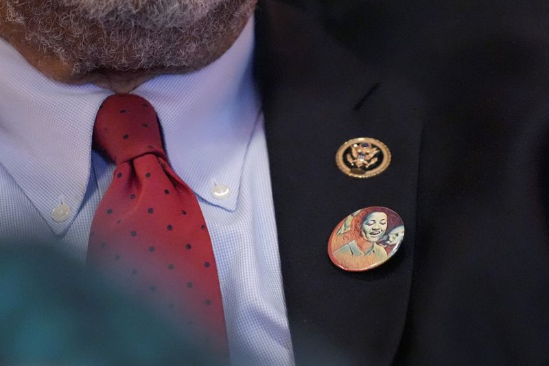 U.S. Rep. Bennie Thompson, D-Miss., wears a commemorative pin with the face of a young Civil Rights activist Euvester Simpson, June 8, 2024, in Winona, Miss., during the unveiling of a Mississippi Freedom Trail marker commemorating the brutality faced by her and other civil rights activists who were arrested in June 1963, at a bus station in Winona as they returned from an out-of-state citizenship training session. (AP Photo/Rogelio V. Solis)