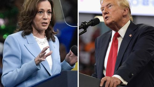 This combination of photos taken at campaign rallies in Atlanta shows Vice President Kamala Harris on July 30, 2024, left, and Republican presidential candidate former President Donald Trump on Aug. 3. (AP Photo)