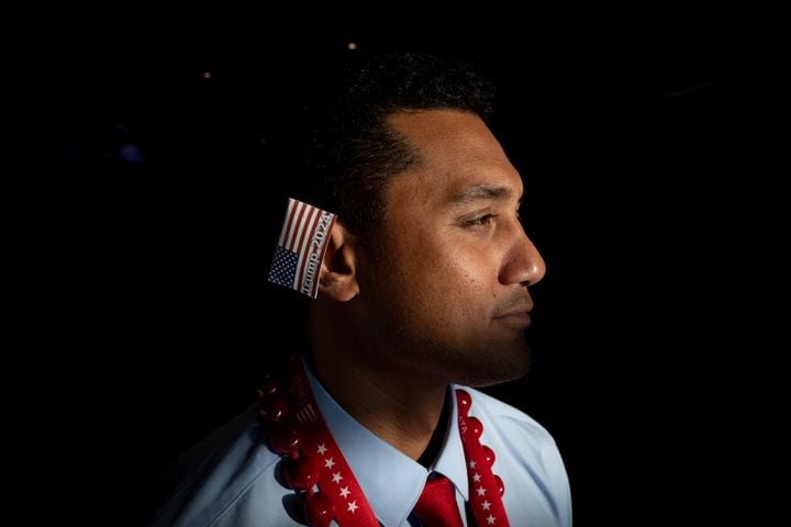 Cameron Higgins of Hawaii poses for a portrait at Fiserv Form in Milwaukee on Thursday, July 18, 2024, the fourth day of the Republican National Convention. (Arvin Temkar / AJC)