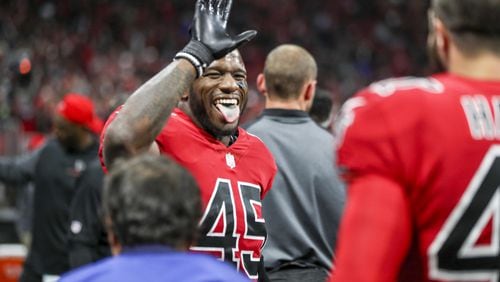 12/07/2017 -- Atlanta, GA, - Atlanta Falcons middle linebacker Deion Jones (45) celebrates after incepting the ball during the fourth quarter of the game against the New Orleans Saints at Mercedes-Benz Stadium, Thursday, December 7, 2017. The Falcons beat the Saints, 20-7. ALYSSA POINTER/ALYSSA.POINTER@AJC.COM