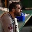 Houston Astros starting pitcher Justin Verlander sits in the dugout during the fifth inning of a baseball game against the Cleveland Guardians in Cleveland, Saturday, Sept. 28, 2024. (AP Photo/Phil Long)