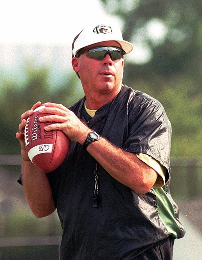Pat Sullivan, first-year University of Alabama-Birmingham offensive coordinator, prepares to throw the ball to a receiver during practice, Wednesday, Aug. 11, 1999, in Birmingham, Ala.