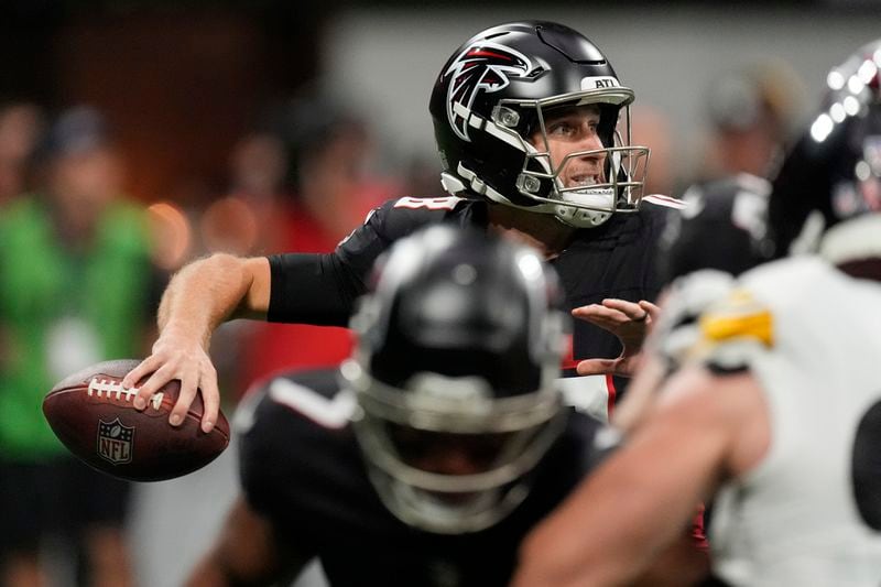 Atlanta Falcons quarterback Kirk Cousins looks to pass during the first half of an NFL football game against the Pittsburgh Steelers on Sunday, Sept. 8, 2024, in Atlanta. (AP Photo/John Bazemore)