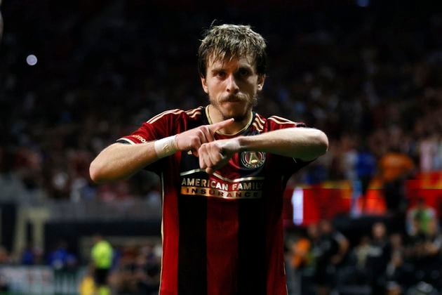 Atlanta United midfielder Saba Lobzhanidze (9) reacts after scoring during the second half of an MLS soccer match against Inter Miami, Wednesday, Sept. 18, 2024, in Atlanta. (Miguel Martinez/Atlanta Journal-Constitution via AP)