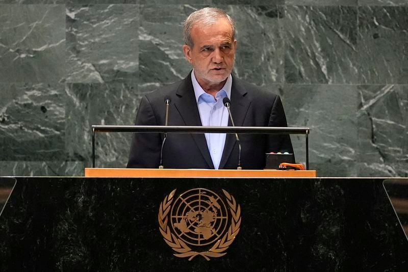 President of Iran Masoud Pezeshkian addresses the 79th session of the United Nations General Assembly, Tuesday, Sept. 24, 2024. (AP Photo/Pamela Smith)