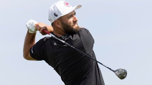 Captain Jon Rahm, of Legion XIII, hits from the second tee during the final round of LIV Golf Chicago at Bolingbrook Golf Club, Sunday, Sept. 15, 2024, in Bolingbrook, Ill. (Chris Trotman/LIV Golf via AP)