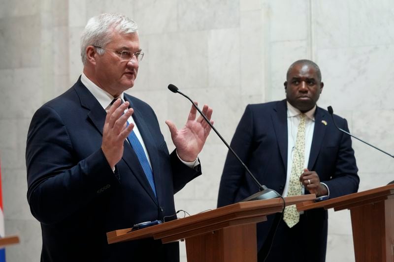 Britain's Foreign Secretary David Lammy, right, looks across as Ukraine's Foreign Minister Andriiy Sybiha speaks during a joint news conference with U.S. Secretary of State Antony Blinken at the Ministry of Foreign Affairs in Kyiv, Ukraine, Wednesday, Sept. 11, 2024. (AP Photo/Efrem Lukatsky)