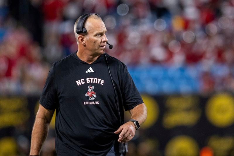 North Carolina State head coach Dave Doeren looks during the first half against Tennessee in an NCAA college football game Saturday, Sept. 7, 2024, in Charlotte, N.C. (AP Photo/Scott Kinser)