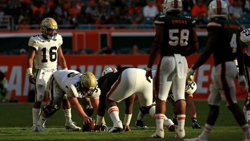 Georgia Tech quarterback TaQuon Marshall looks on during a game against the Miami Hurricanes at Hard Rock Stadium. The Jackets blew a second-half lead when the offense was held to three points. (Photo by Mike Ehrmann/Getty Images)