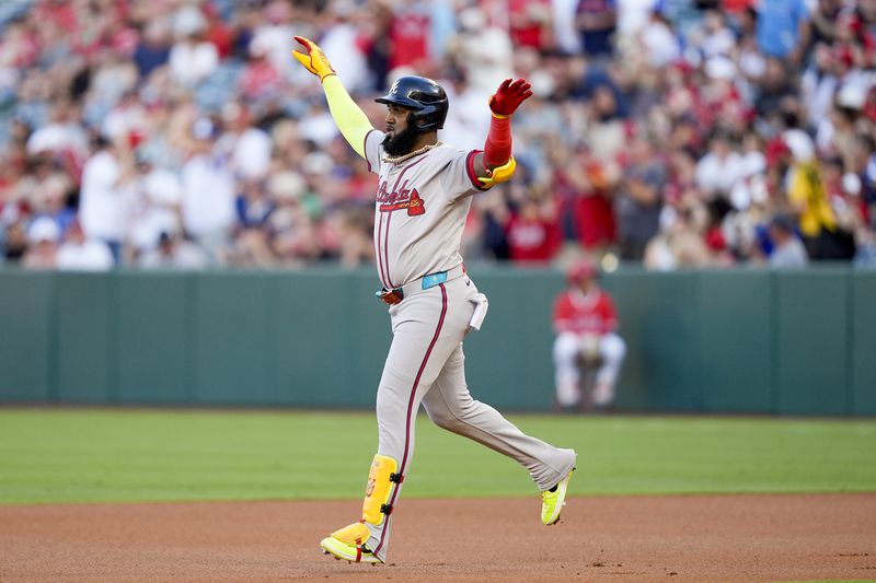 Atlanta Braves designated hitter Marcell Ozuna celebrates after hitting a three-run home run during the first inning of a baseball game against the Los Angeles Angels, Saturday, Aug. 17, 2024, in Anaheim, Calif. (AP Photo/Ryan Sun)