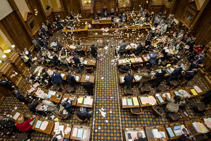 Georgia senators throw paper in the air in June as the 2020 legislative session came to an end. Every seat in the General Assembly is up for election in November. (ALYSSA POINTER / ALYSSA.POINTER@AJC.COM)