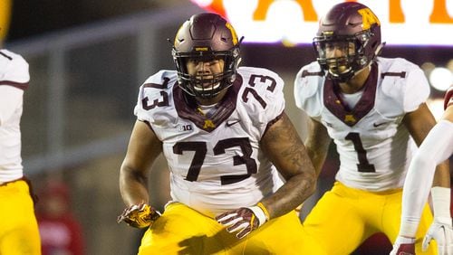 Nov 26, 2016; Madison, WI, USA; Minnesota Golden Gophers offensive lineman Donnell Greene (73) during the game against the Wisconsin Badgers at Camp Randall Stadium. Wisconsin won 31-17.  Jeff Hanisch-USA TODAY Sports