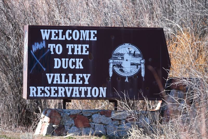 The Duck Valley Indian Reservation sign stands on March 15, 2024, in Owyhee, Nev. (AP Photo/Rick Bowmer)