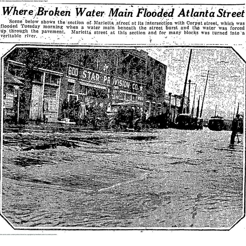 A Jan. 27, 1925 water main break in a section of busy Marietta Street forced water up through the pavement.