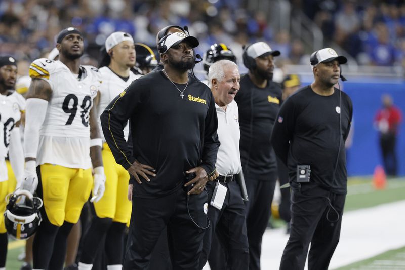 Pittsburgh Steelers head coach Mike Tomlin watches from the sideline during the first half of an NFL preseason football game against the Detroit Lions, Saturday, Aug. 24, 2024, in Detroit. (AP Photo/Duane Burleson)