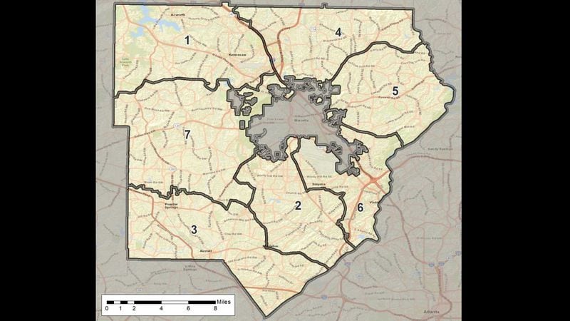 This Cobb County school board map passed in early 2024 and will be used in the 2024 school board elections. (Courtesy photo)