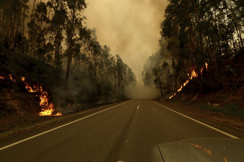 Wildfire advances near Sever do Vouga, a town in northern Portugal that has been surrounded by forest fires, Tuesday, Sept. 17, 2024. (AP Photo/Bruno Fonseca)