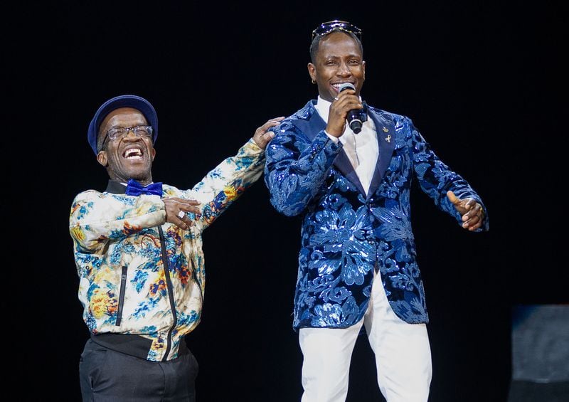 RingMasters Zeke (L) and Lucky entertain the crowd during the UniverSoul Circus in Atlanta GA Sunday, February 10, 2019.  STEVE SCHAEFER / SPECIAL TO THE AJC