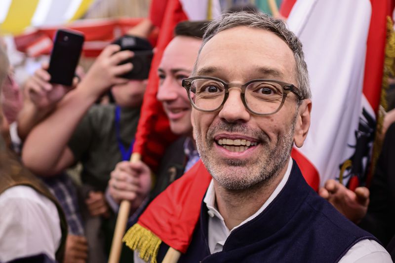 FILE - Herbert Kickl, leader of Austrian Freedom Party (FPOE), arrives for the traditional FPOE May day event at the Urfahraner fair in Linz, Austria, May 1, 2024. (AP Photo/Christian Bruna, File)